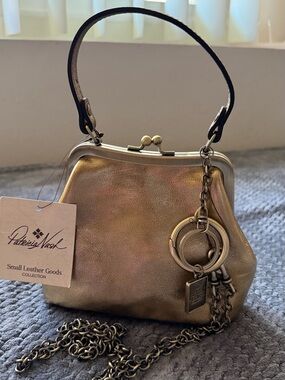 Patricia Nash Metallic Gold Leather Frame Wristlet with Chain Charm